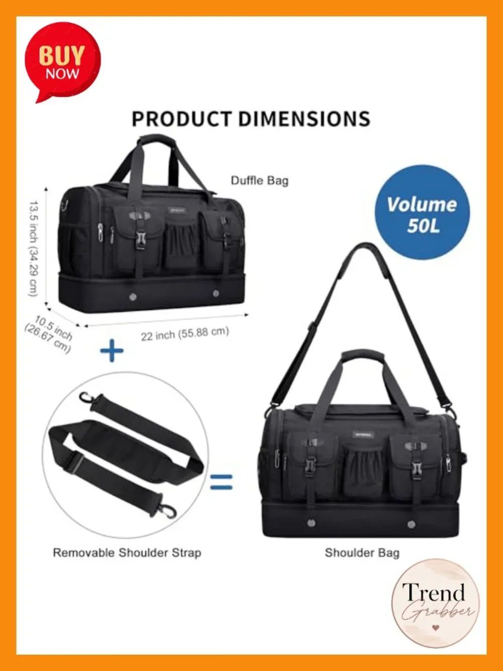 50L Nylon Travel Weekender Duffle Bag with Shoe Compartment, Wet-Dry Pocket,